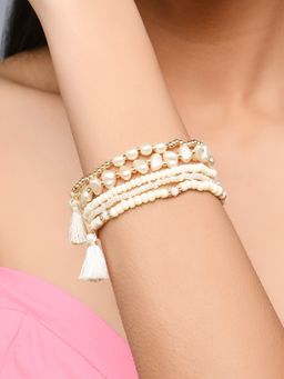 ToniQ - Gold Plated White Pearl beaded & Tassel Set of 5 Elasticized Bracelet for Women