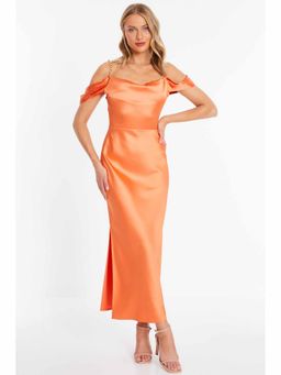 Quiz Clothing - Orange Satin Cowl Cold Shoulder Maxi Dress