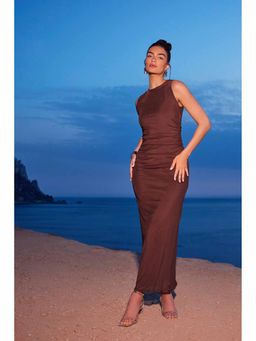 Quiz Clothing - Brown Mesh Ruched Bodycon Maxi Dress