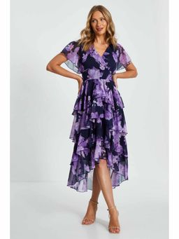 Quiz Clothing - Navy Blue Chiffon Wrap Floral Tiered Midi Dress