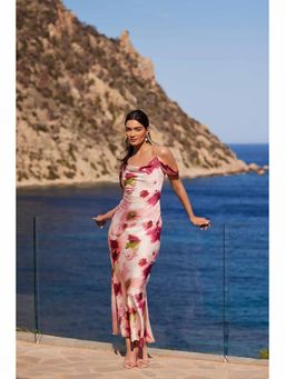 Quiz Clothing - Pink Satin Marble Cowl Drop Shoulder Sleeve Maxi Dress