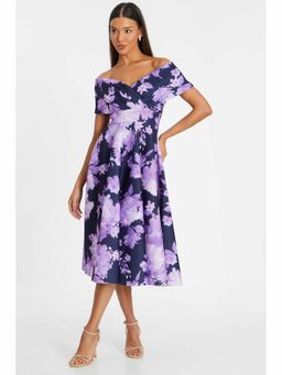 Quiz Clothing - Navy Blue Floral Scuba Foam Dress
