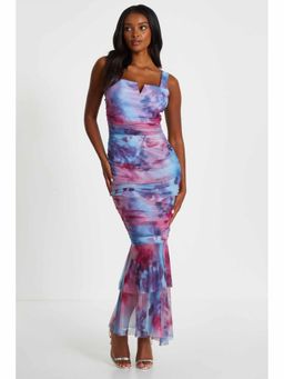Quiz Clothing - Berry Mesh Floral Strappy Ruched Maxi Dress
