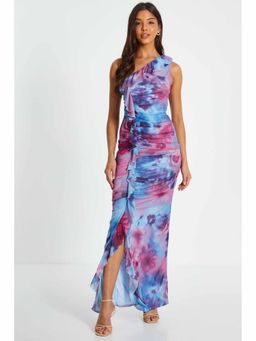 Quiz Clothing - Berry Mesh Floral One Shoulder Frill Maxi Dress