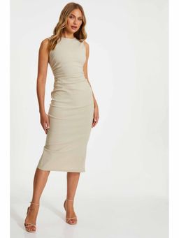 Quiz Clothing - Beige Round Neck Ruched Waist Midi Dress
