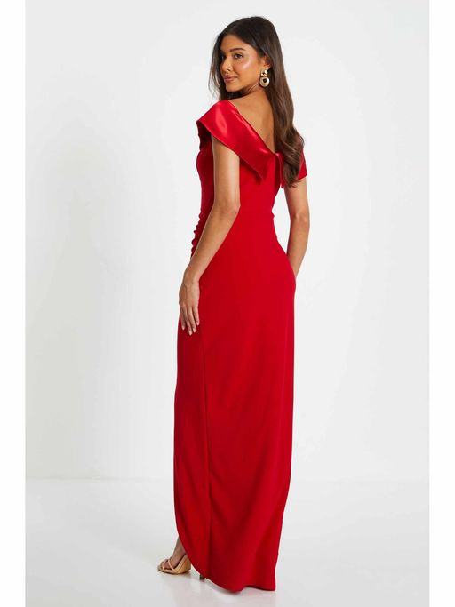 quiz women's scuba bow maxi dress Goddiva Off Shoulder Back Satin Bow Scuba Maxi Dress