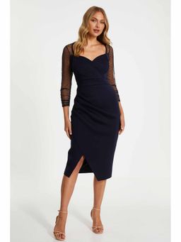 Quiz Clothing - Navy Blue Scuba Crepe Sweetheart Bodycon Midi Dress with Mesh Polka Dot Sleeves