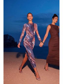 Quiz Clothing - Blue Mesh Marble Round Neck Maxi Dress