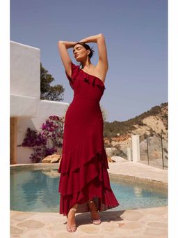 Quiz Clothing - Maroon One Shoulder Chiffon Ruffle Maxi Dress