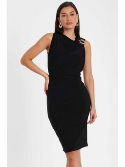 Quiz Clothing - Black Inter Lock Yarn Gold Buckle Detail Dress