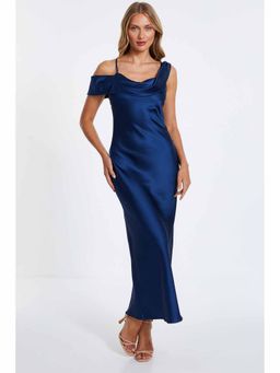 Quiz Clothing - Navy Blue Satin Cowl Shoulder Maxi Dress