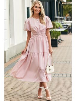 PARTIQ - Pink Puff Sleeve Pleated High Waist Flowy Midi Dress