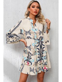 PARTIQ - White Printed Tribal Bracelet Sleeve Buttoned Mini Dress