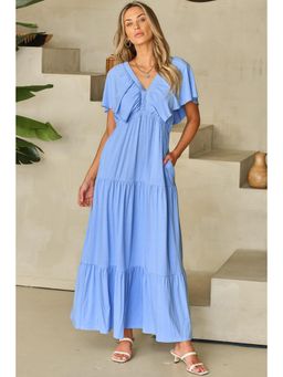 PARTIQ - Sky Blue Solid V Neck Flutter Sleeve Ruffled Maxi Dress