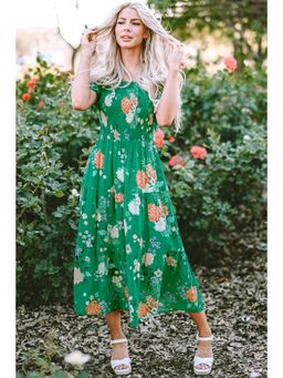 PARTIQ - Green Floral Print Bubble Sleeve Smocked Tiered Midi Dress