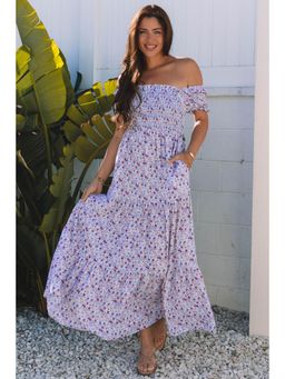 PARTIQ - Purple Floral Short Bubble Sleeve Shirred High Waist Maxi Dress