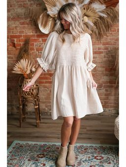 PARTIQ - White Textured Ruffled Puff Sleeve Loose Mini Dress