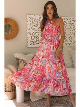 PARTIQ - Pink Abstract Floral Print Shirred One Shoulder Maxi Dress
