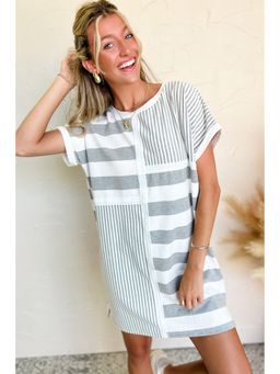 PARTIQ - Grey Stripes Mixed Printed Short Sleeve Shift Mini Dress