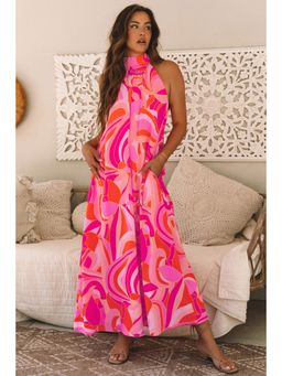 PARTIQ - Rose Abstract Printed High Neck Knotted Nape Sleeveless Maxi Dress