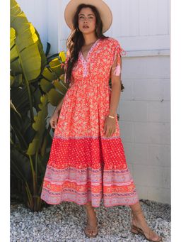 PARTIQ - Orange Floral Print Tasseled Tied Sleeve Empire Waist Midi Dress