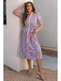 PARTIQ - Pink Floral Shirred Puff Sleeve Buttoned Front Sash Belted Midi Dress (Set of 2)