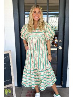 PARTIQ - Multi-Color Stripes Floral Print Tie Split Neck Puff Sleeve Midi Dress