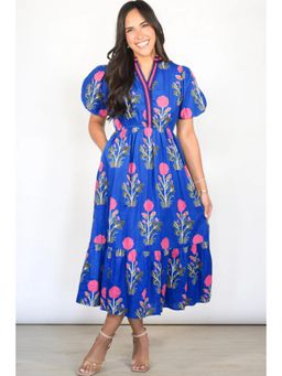 PARTIQ - Sky Blue Floral Puff Short Sleeve High Waist Midi Dress