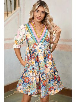 PARTIQ - Multi-Color Boho Floral Print Crochet Patchwork Loose Mini Dress