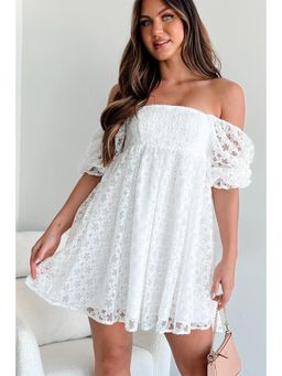 PARTIQ - White Floral Lace Puff Sleeve Empire Waist Mini Dress