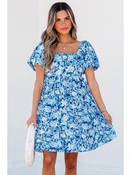 PARTIQ - Blue Floral Puff Sleeve Babydoll Mini Dress