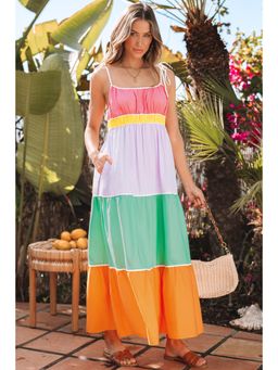 PARTIQ - Multi-Color Colorblock Self Tie Straps High Waist Flowy Maxi Dress