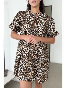 PARTIQ - Brown Leopard Tie Front Puff Sleeve Short Dress