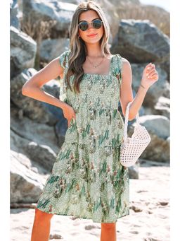 PARTIQ - Grey Floral Knotted Strap Smocked Tiered Ruffle Knee Length Dress