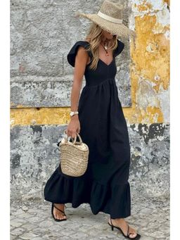 PARTIQ - Black Sweetheart Neck Flutter Sleeve Smocked Bodice High Waist Ruffle Maxi Dress