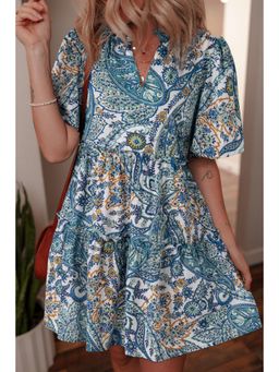 PARTIQ - Blue Bohemian Paisley Floral Short Sleeve Mini Dress