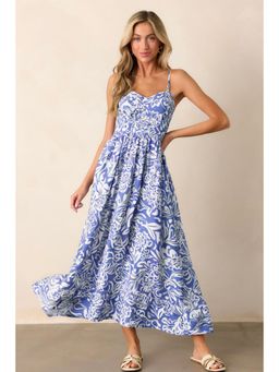 PARTIQ - Sky Blue Floral Print Spaghetti Strap High Waist Maxi Dress