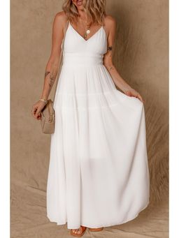 PARTIQ - White Spaghetti Straps High Waist Elegant Maxi Dress