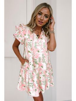PARTIQ - Pink Floral Contrast Edge Layered Short Sleeve Mini Dress
