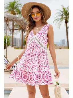 PARTIQ - Sachet Pink Elegant Printed Cutout Lace V-Neck Sleeveless Mini Dress