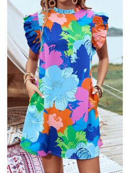 PARTIQ - Blue Bold Floral Flutter Sleeve Shift Mini Dress
