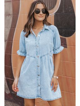 PARTIQ - Beau Blue Mineral Wash Ruffled Short Sleeve Buttoned Denim Mini Dress