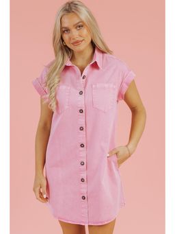 PARTIQ - Pink Short Sleeve Double Chest Pocket Denim Shirt Mini Dress