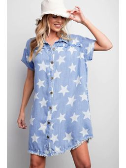 PARTIQ - Sky Blue Stars Frayed Hem Collared Short Sleeve Denim Mini Dress
