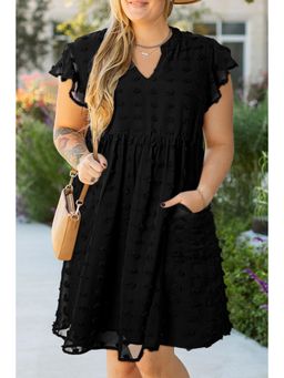 PARTIQ - Black Dotty Self Design Mandarin Neck Plus Ruffled Dress