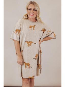 PARTIQ - Apricot Plus Size Cheetah Print Side Pocket T Shirt Mini Dress
