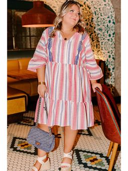 PARTIQ - White Stripes Plus Size Embroidered Detail Flared V Neck Dress