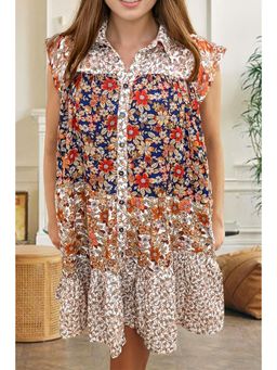 PARTIQ - Beige Plus Size Floral Patchwork Button Front Collared Mini Dress