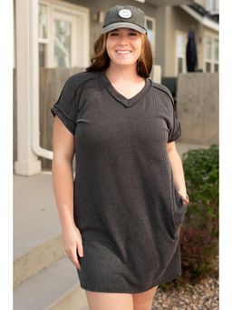 PARTIQ - Carbon Grey Corded V Neck Plus Size T Shirt Mini Dress