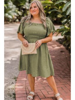 PARTIQ - Grass Green Frilly Square Neck Half Sleeve Smocked High Waist Plus Size Dress
